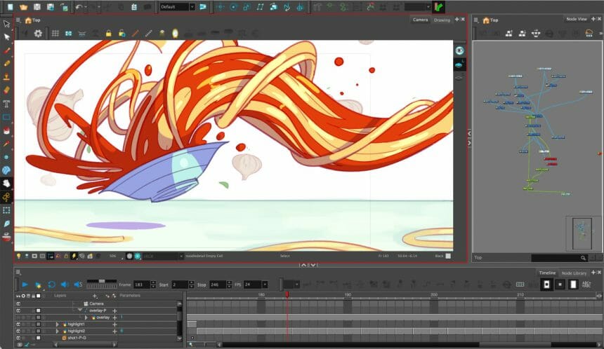 Screenshot of Greg McMahon's contribution to The Ingredients of Animation, featuring a tidal wave of spaghetti flying into a dish.