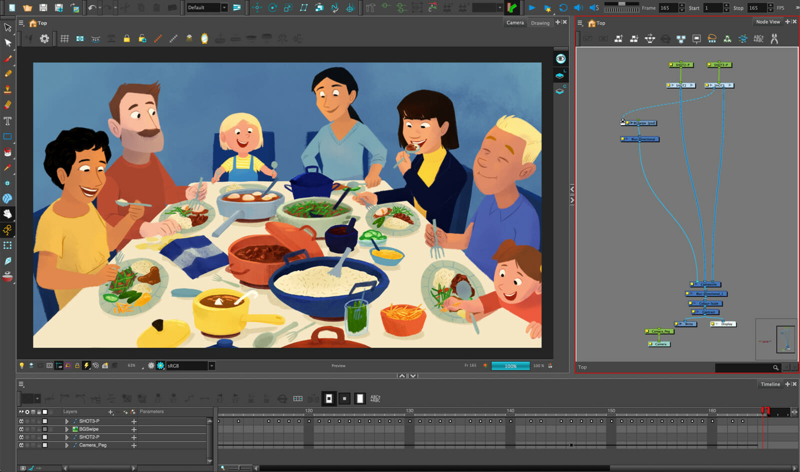 Lieke Wouters's scene for The Ingredients of Animation, featuring a family enjoying Rijsttafel.