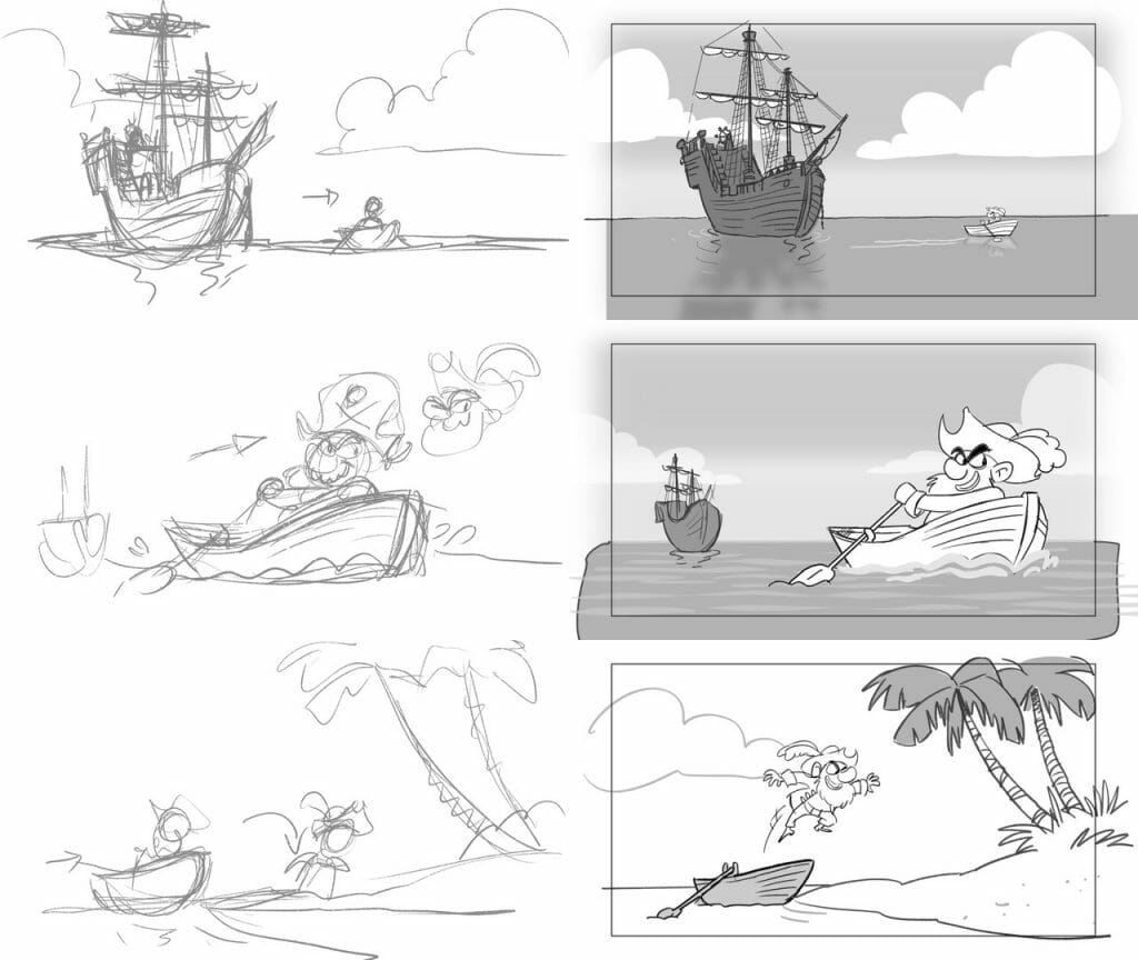Rough and clean storyboard panels from Tim Hodge's short, Booty Call.