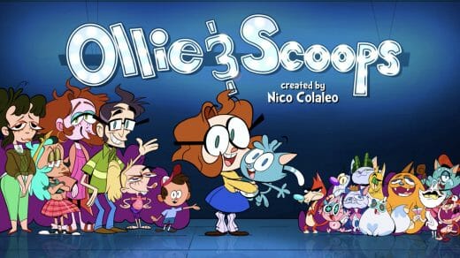 The cast of Ollie & Scoops, featuring human characters and cats