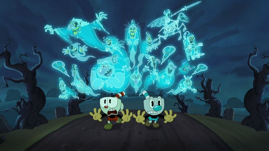 Image from episode 6 of The Cuphead Show!, featuring Cuphead and Mugman fleeing from ghosts.