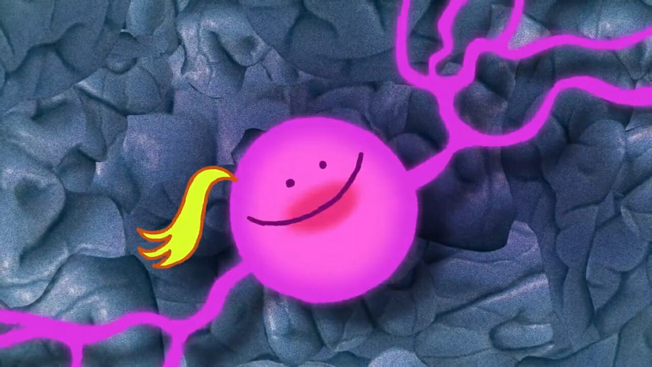 Still frame from Don't Think About Her by Liza Desyatkova, featuring a smiling magenta neuron.