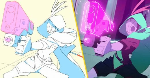 Storyboard and production images of a protagonist in Hyper Light Breaker summoning a weapon.