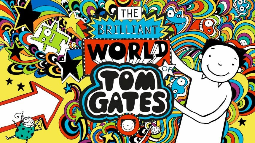 Promo art for The Brilliant World of Tom Gates, featuring a doodle-like illustration of Tom and colourful wavy scribble waves.
