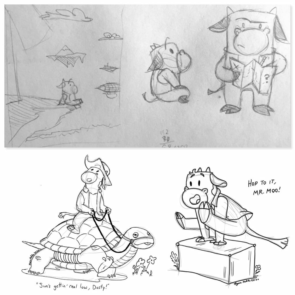早期的角色设计影响了Moo的第一张地图，以牛人坐在窗台上，写地图，骑着乌龟，跳过一个街区为特色。