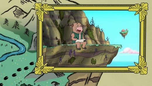 A screenshot from Moo's First Map, featuring Clarence Moo admiring scenery while sitting on a cliff's ledge.