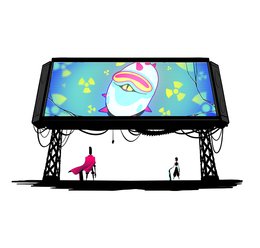 two characters staring up at an LED screen