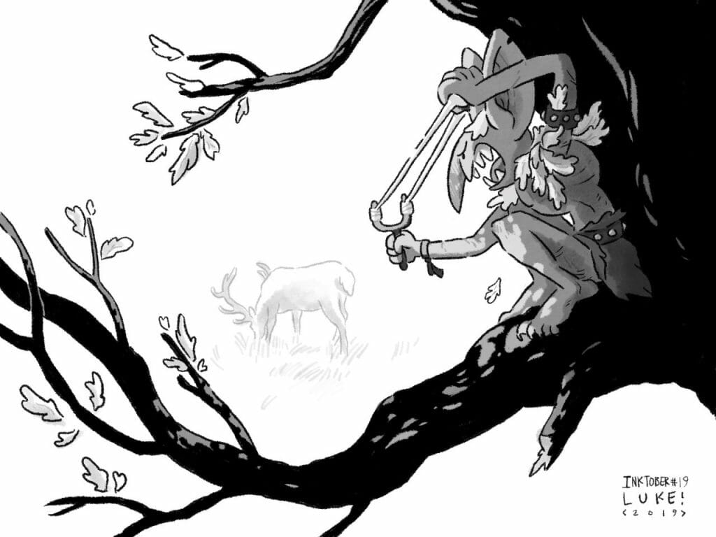 The Inktober sketch which inspired HUNT. A sling-wielding goblin stalks a deer from a tree.