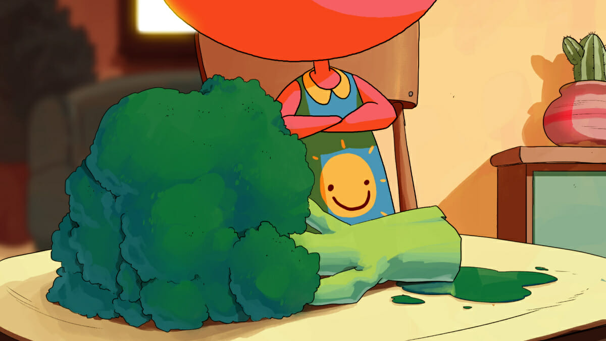 Still frame from Rumpus Animation's ident GREENS, featuring a lushly coloured piece of broccoli and an unhappy child.