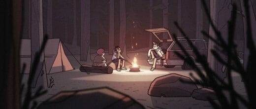 《爬松树的人》是《天黑后不要独自走回家》系列的第一部短片，三个少年围在营火旁。