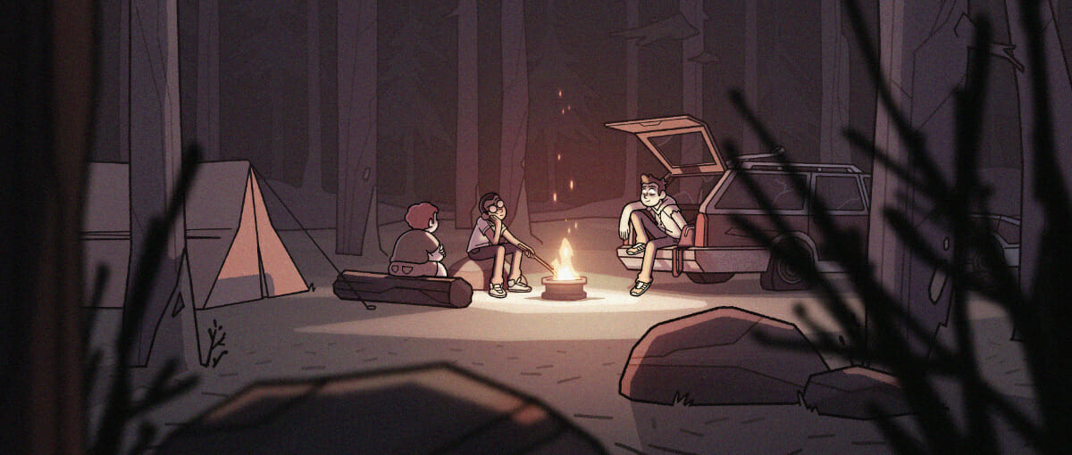 Three teens huddled around the camp fire in The Pine Creepers, the first short in the Don't Walk Home Alone After Dark series.