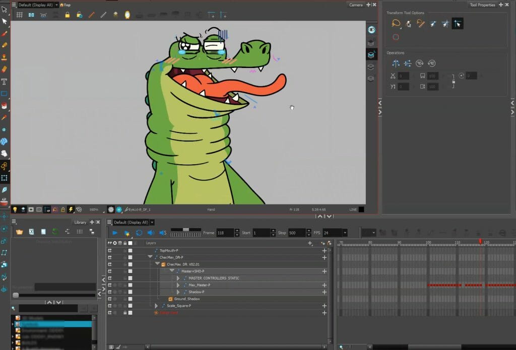 Character rig of Max from Oddballs. Max is a crocodile with a long snout, which makes lip-syncs more complicated.