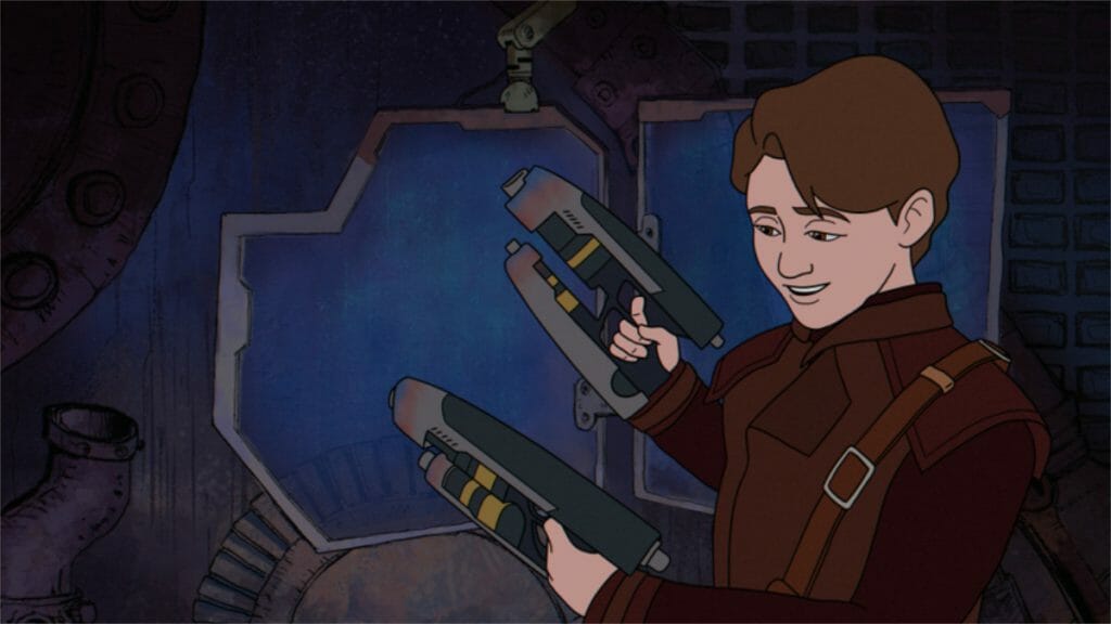 The Guardians of the Galaxy Holiday Special's Peter Quill opens his Christmas gift to discover a pair of Quad Blasters.