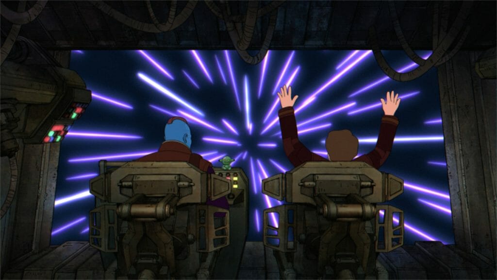 The Guardians of the Galaxy Holiday Special's Yondu and young Peter Quill boldly go to hyperspace. Peter raises his arms in the air while Yondu has a Yoda toy on the dashboard.