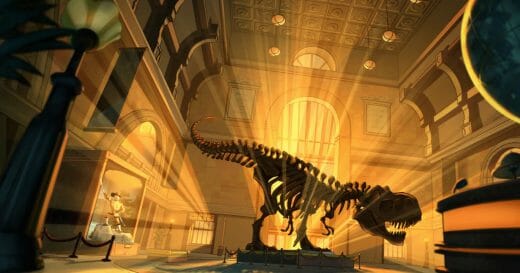 Image from Night At The Museum: Kahmunrah Rises Again featuring Rexy, a T-Rex skeleton at Museum of Natural History in New York.