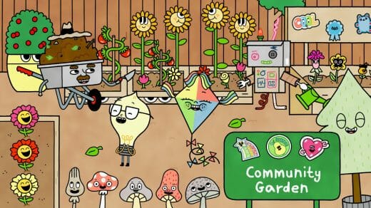 City Island is a PBS Kids show which teaches children about civics. In this screenshot, Watt the lightbulb and Windy the kite are visiting a community garden.