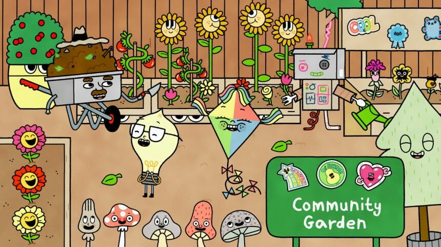 City Island is a PBS Kids show which teaches children about civics. In this screenshot, Watt the lightbulb and Windy the kite are visiting a community garden.