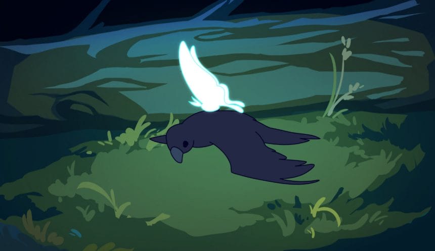 A fairy spirit emerges from a dead crow in Midnight Chrysalis.