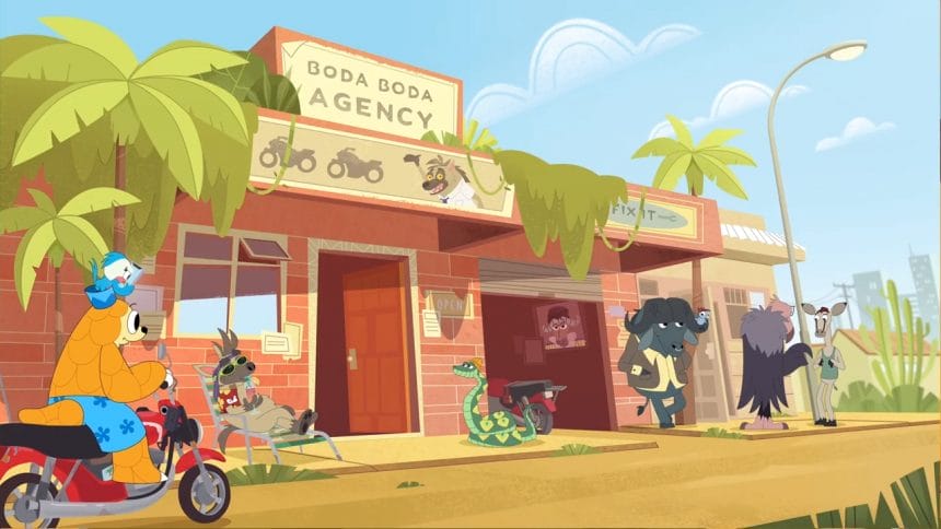 Production still from Twende, showing an exterior shot of the Boda Boda Agency that employs the eponymous pangolin.