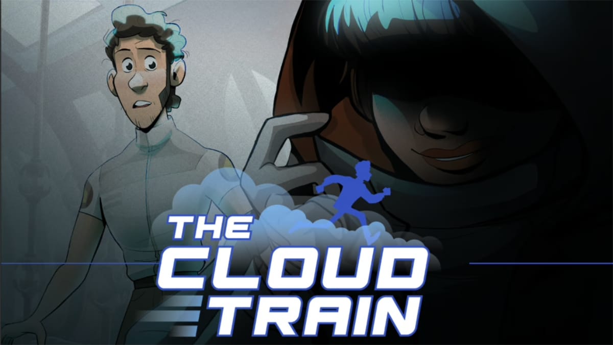 The Cloud Train by Justin Lovell, featuring the protagonist and a mysterious hooded figure.