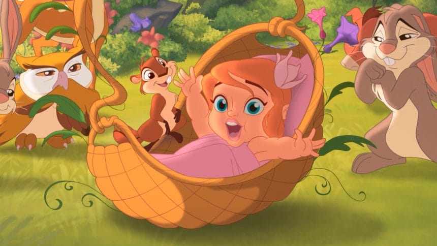 Robert and Giselle's one-year-old daughter Sofia in a wicker basket, tended to by forest animals.