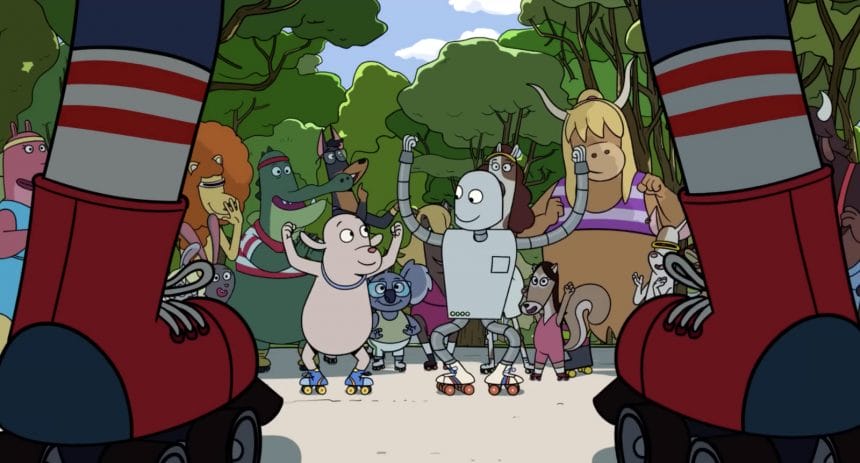 The main characters from Robot Dreams, rollerblading in Central Park.