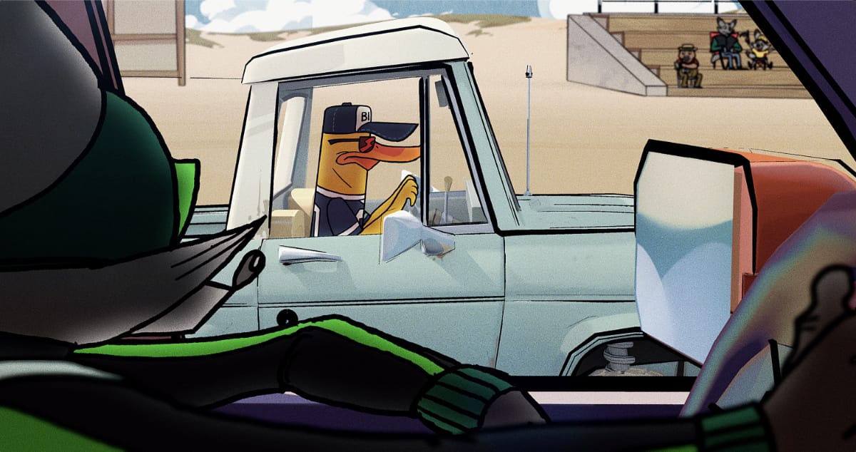 Still image from Legend of Bill featuring Bill in his truck as a fox looks on.