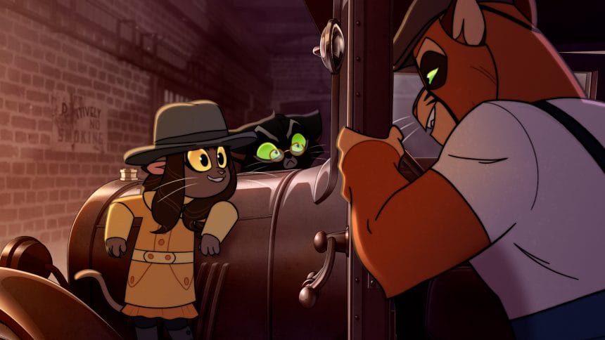 Still from Lackadaisy Ingenue, featuring (left to right) Ivy, Mordecai and Viktor.