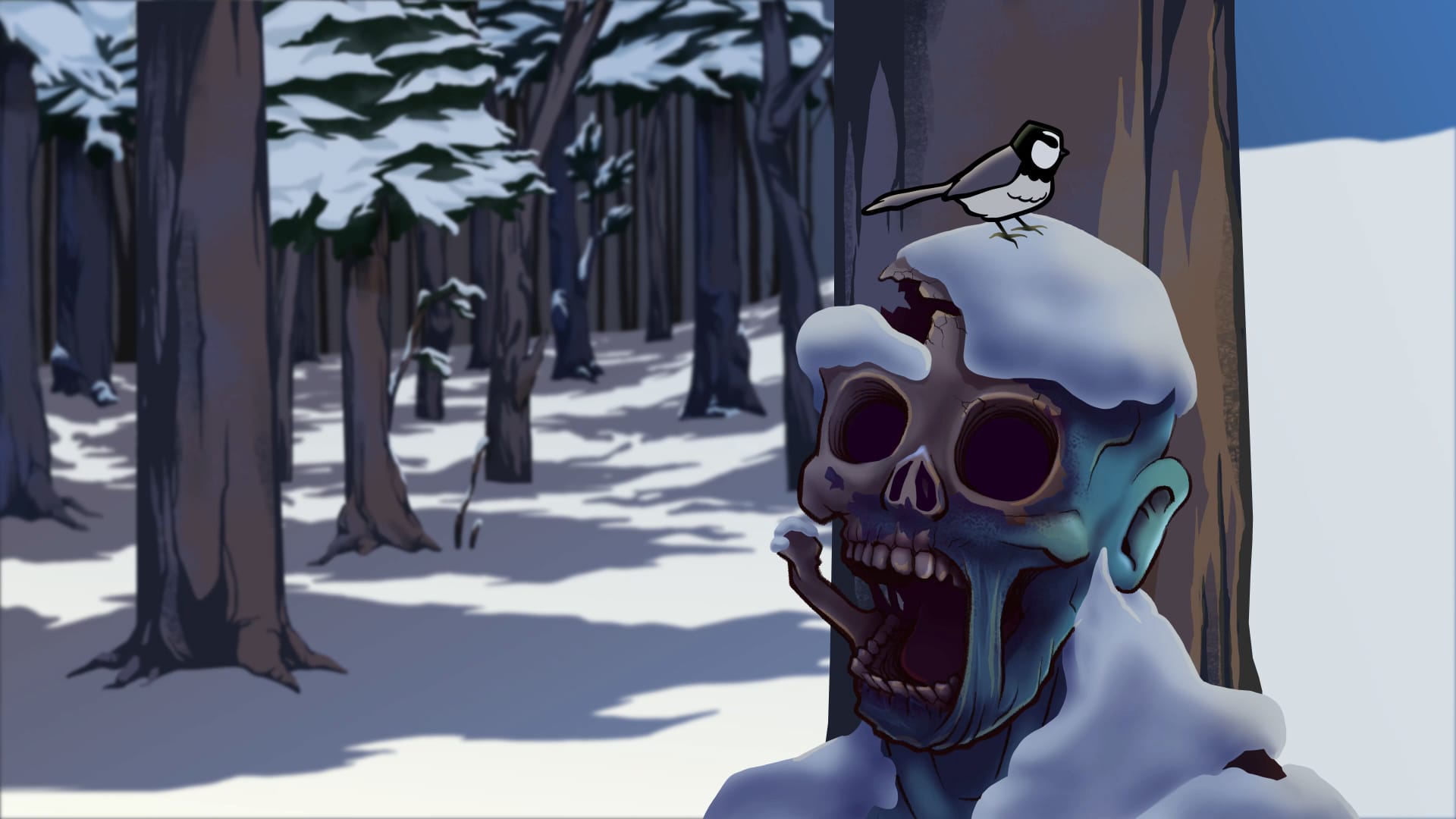 A titmouse on a zombie's head in Next Show in 90 Minutes. The macabre meets a serene winter landscape.