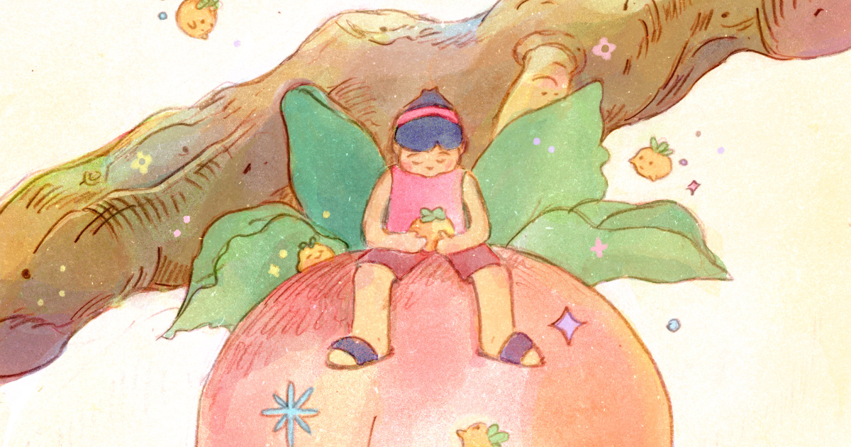 Little Persimmon poster image. The protagonist is sitting on a giant persimmon.