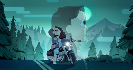 Production Still from Carol and the End of the World provided by Bardel Entertainment, with Carol on a motorcycle looking into the distance.