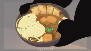 The same scene, with textured fried tofu drawn using textured brushes in Harmony Premium.