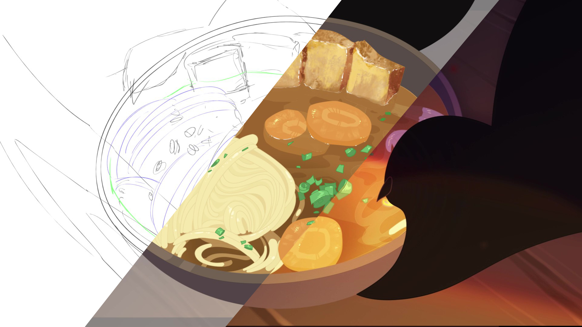 Comparison shot from Julie Roulet's ramen scene, from roughs to output from Harmony and final comp.
