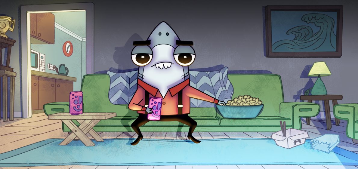 Sharkderfer sits in the couch eating snacks, while illuminated by the glow of the TV.