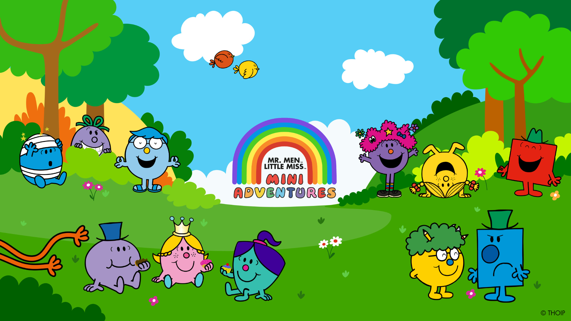 Mr Men Little Miss Mini Adventures, featuring a colorful scene with characters like Mr Grumpy, Little Miss Surprise, Little Miss Sunshine and Mr Strong.